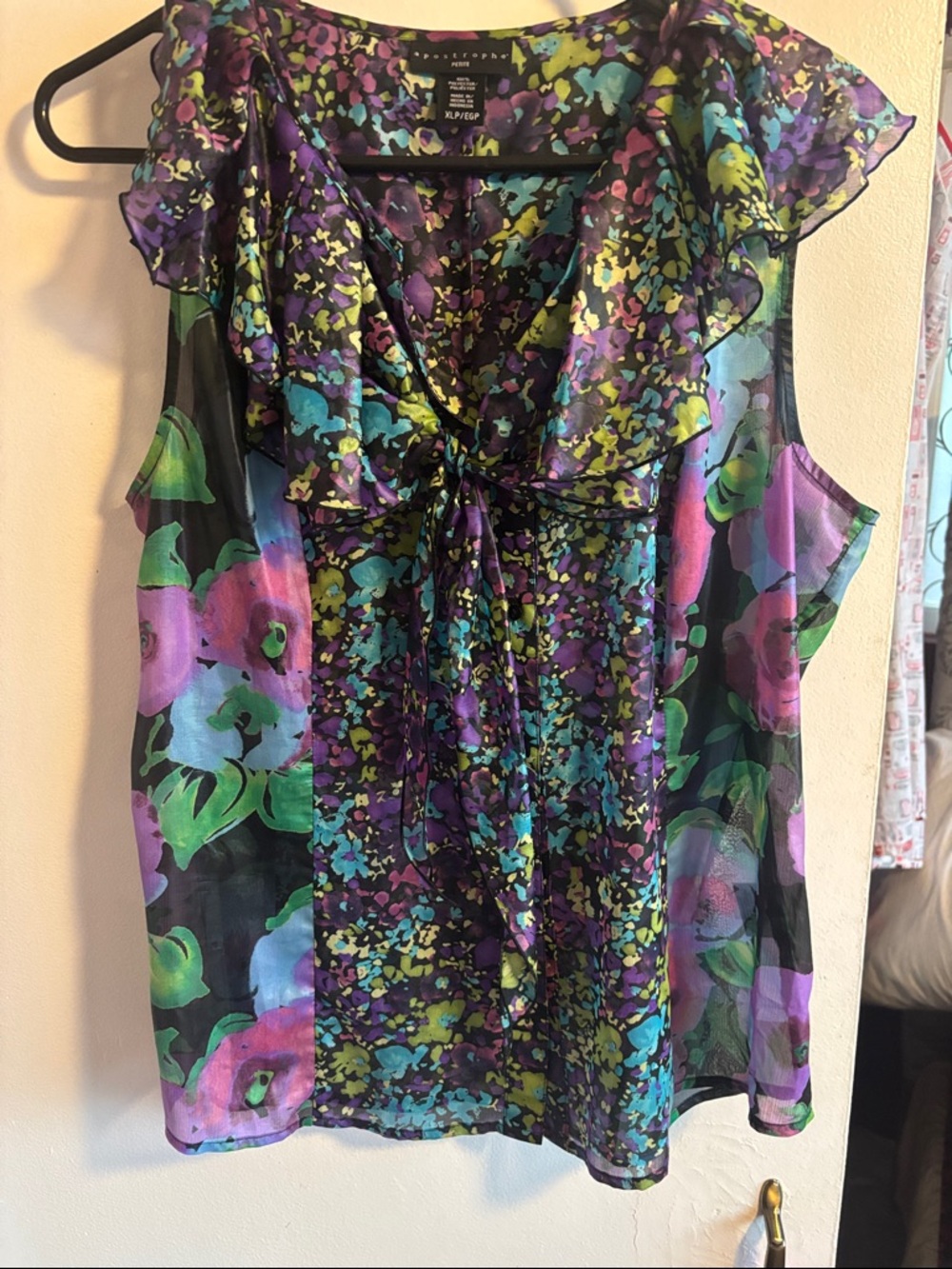 Apostrophe petite  Purple Multi Floral Ruffle Tie-Neck Blouse